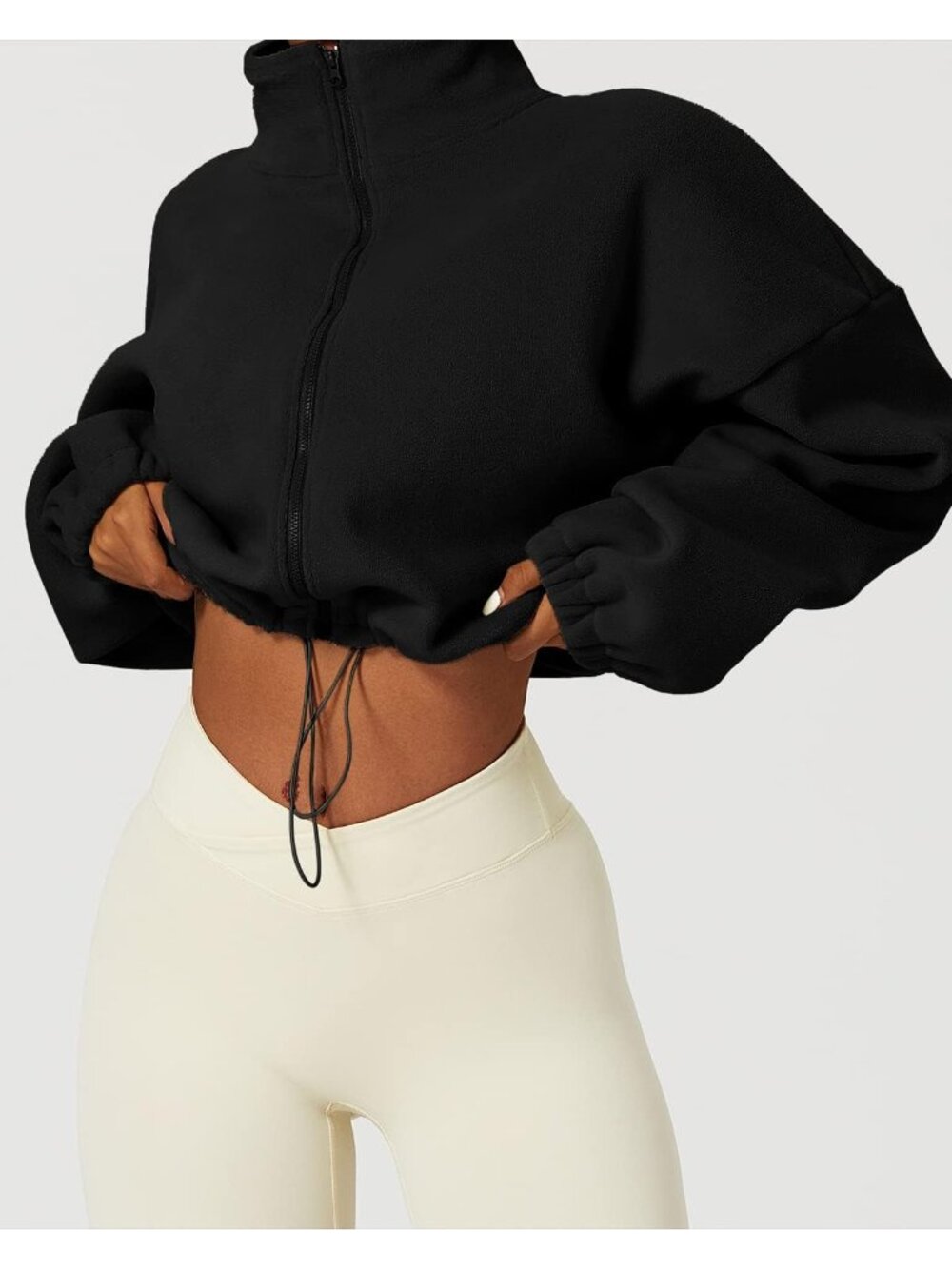 Women’s Black Cropped Sherpa Full Zip Warm Winter Coat Fleece Jacket - Picture 3 of 5